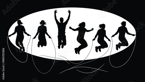 Jump rope fitness silhouettes showing active people exercising, cardio workout energy, healthy lifestyle training concept, black figures isolated on white background