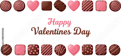 Valentine’s Day chocolate candy border with heart shaped sweets and festive lettering for romantic celebration design, gifts, and flat vector illustration