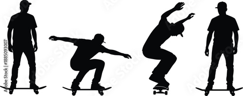 Silhouettes of skateboarder performing trick sequence, showcasing balance, motion, urban skate culture, freedom, youth energy, action sport lifestyle concept