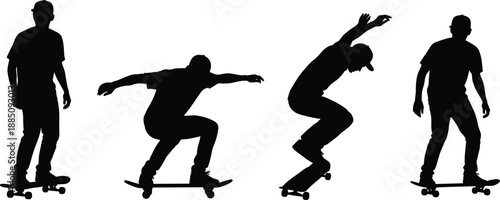 Silhouettes of skateboarder performing tricks sequence, representing urban sport, motion, balance, freedom, youth culture, active lifestyle, street skateboarding concept