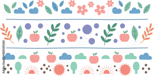 Decorative spring border collection with flowers leaves apples clouds and sun elements for seasonal design, stationery, backgrounds, and flat vector illustration