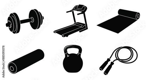 Fitness gym equipment icons with treadmill and weights vector set