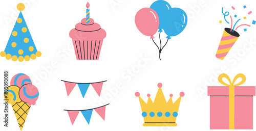 Birthday party icon set with cake balloons gift crown bunting and celebration elements for kids events, invitations, stickers, and flat vector design