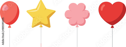 Cute party balloon illustration set with heart star flower and round shapes for celebrations, birthdays, events, decorations, and playful flat vector design