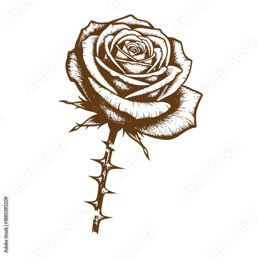 Drawing Vintage grunge  texture Brown rose with thorns on stem  isolated on white background