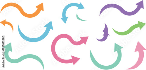 Colorful curved arrow icon set with circular and directional flow symbols for process diagrams, infographics, UI design, and flat vector illustrations