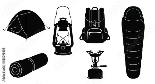 Camping equipment icons with tent lantern and sleeping bag vector