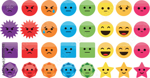 Colorful emoji and emotion icon set with angry sad happy surprised faces in circles squares stars for apps chat UI and flat vector illustrations