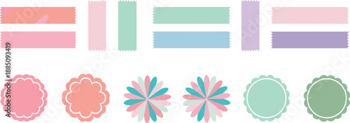 Pastel decorative label badge and sticker shape set with scalloped edges and floral elements for branding, packaging, stationery, and flat vector design