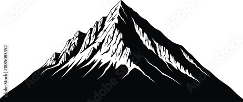 Detailed black and white mountain range silhouette illustration representing outdoor adventure, hiking, climbing, nature, landscape, peak, wilderness, exploration, and snowy summit.