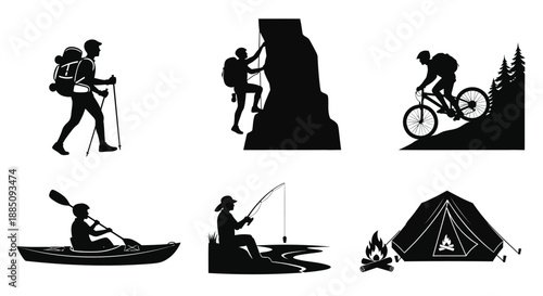 Outdoor adventure silhouettes with hiking climbing and cycling vector
