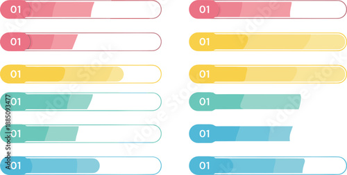 Colorful progress bar and step indicator set with rounded UI elements for dashboards, app interfaces, loading screens, and modern flat vector design