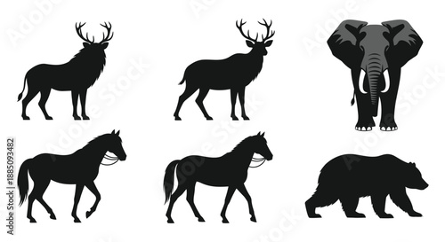 Animal silhouette set with elephant bear horse and deer vector