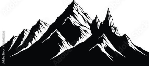 Detailed black and white mountain range silhouette illustration, perfect for outdoor adventure, hiking, climbing, nature exploration, wilderness, and minimalist landscape design.