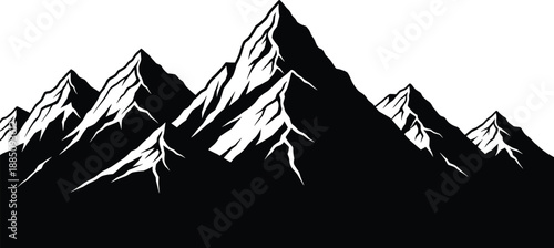 Black and white mountain range silhouette illustration representing outdoor adventure, hiking, climbing, nature, landscape, peak, wilderness, exploration, and the snowy summit.