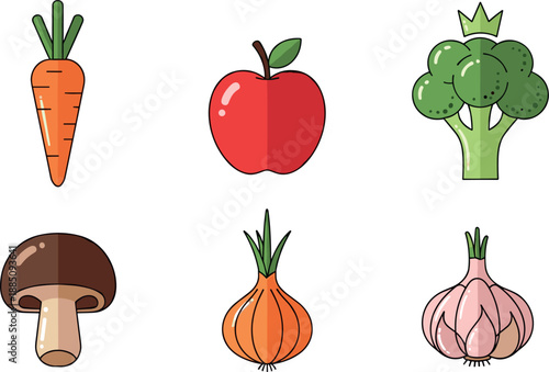 Fresh vegetable and fruit icon set with carrot apple broccoli mushroom onion and garlic for healthy food design, cooking themes, and flat vector illustration