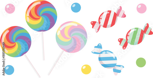 Colorful Candy and Lollipop Illustration Set Featuring Sweet Treats in Bright Pastel Flat Vector Style