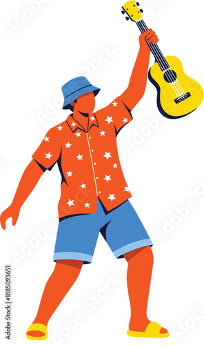 Man, guitar, music, musician, celebration, summer, vacation, happiness, vector, acoustic, hobby, artist, holiday, character, performance.