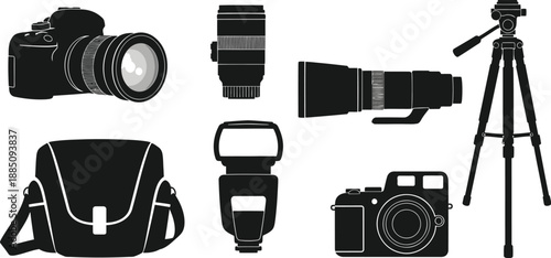 Professional photography equipment with dslr camera and lens vector
