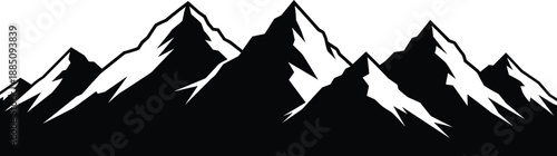 Panoramic mountain range silhouette vector illustration, majestic alpine summit peaks for outdoor adventure logo, nature landscape travel exploration symbol, black