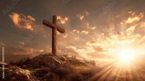 Wooden cross hill sunrise with warm light and dramatic clouds conveying hope and reverence wooden cross hill sunrise with radiant sky creating peaceful spiritual atmosphere wooden cross hill sunrise