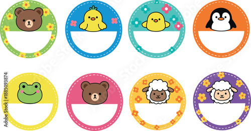 Cute animal label and badge collection with bear duck penguin frog and sheep characters for kids stickers, packaging, nursery design, and flat vector art