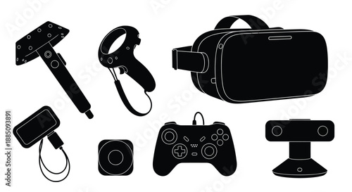 Virtual reality and gaming gear icons with VR headset vector set