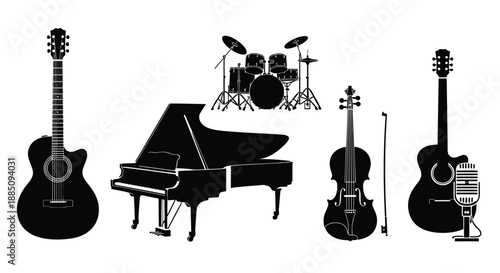 Musical instruments set with guitar, piano, drums and violin vector