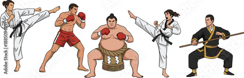 Martial Arts and Combat Sports Illustration Set Featuring Karate, Boxing, Sumo Wrestling, and Traditional Fighting Poses in Vector Style