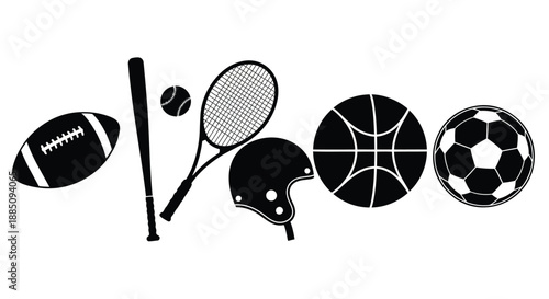 Sports equipment silhouette set with ball, bat, racket and helmet