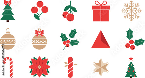 Christmas holiday icon set with tree ornaments gift snowflake holly candy and festive symbols for winter design, stickers, and flat vector illustrations