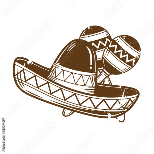 Drawing Vintage grunge  texture Brown sombrero with maracas on top isolated on white background  traditional mexican hat and musical instrument