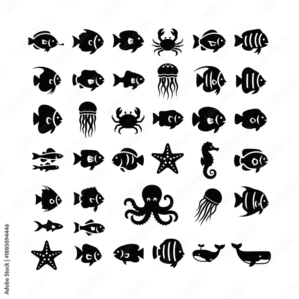 Obraz premium Black silhouette icons of various marine animals including fish, crabs, jellyfish, octopus, seahorse, and whales.