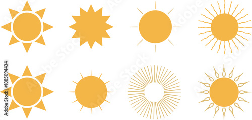 Sun icon and symbol collection with radiant summer sunshine shapes for weather design, solar energy concepts, logos, and flat vector illustrations