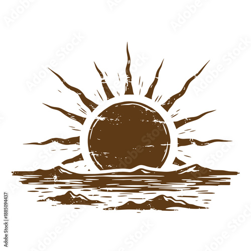 Drawing Vintage grunge  texture Brown sun rising over water and mountains  scenic landscape illustration