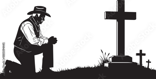 Kneeling cowboy praying on a cross Silhouette vector black on a white background