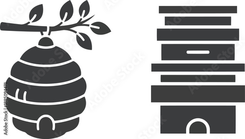 Beehive icon on branch and modern apiary box vector illustration for beekeeping design vector