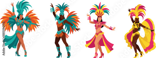 Set of Brazilian carnival samba dancers in vibrant colorful costumes with large feather headpieces, exotic festival parade celebration vector illustration,