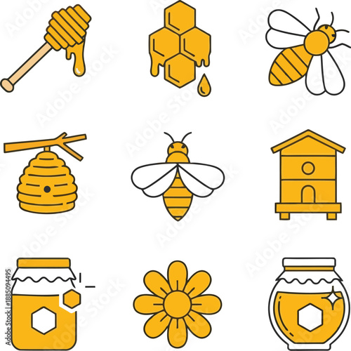 Sweet bee hive honeycomb flower icons jar dipper natural sweetener food ingredient agriculture farm vector