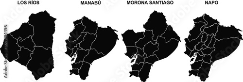Set of Brazilian cultural icons, mountain range silhouettes, carnival dancers, national flag, and Ecuadorian maps for travel and festive design projects.