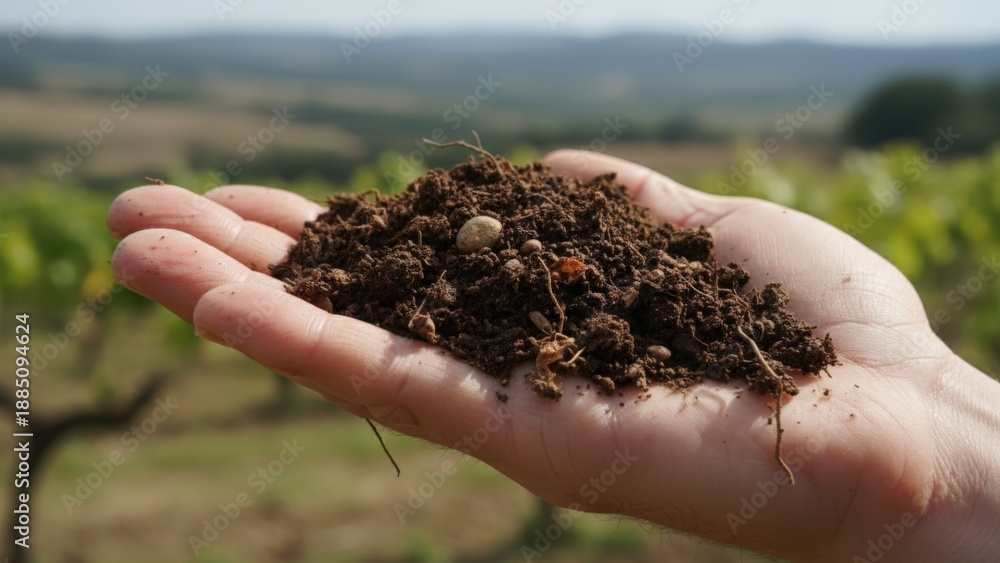 Fototapeta premium Rich soil held in a hand over a vineyard landscape, representing agricultural health