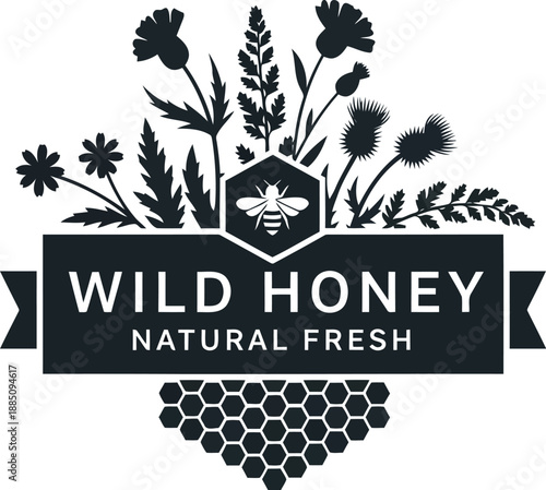 Wild honey natural fresh emblem label logo design with floral elements and honeycomb pattern vector