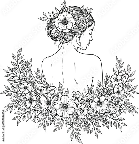Elegant line art woman silhouette adorned with lush floral crown and botanical elements vector