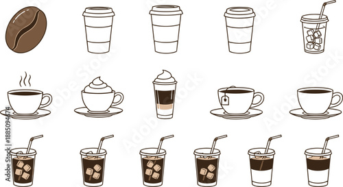 Coffee and beverage icon set with cups takeaway mugs and iced drinks for cafe menus, branding, UI design, and hand drawn flat vector illustrations