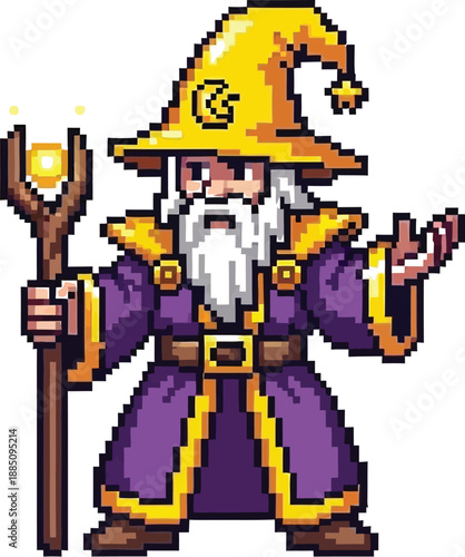 Pixel art representation of an elderly powerful fantasy wizard character wearing a vibrant purple robe and holding a glowing magical staff confidently for game assets