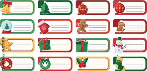Christmas label and tag collection with festive icons including tree ornaments gifts snowman and wreaths for holiday packaging and winter vector design