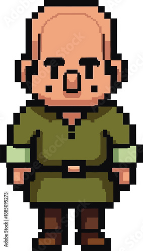 Pixel art representation of a bald medieval villager character wearing a simple green tunic and brown boots isolated on a white background for game development.