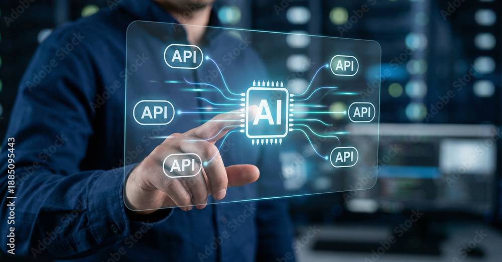 Fototapeta premium Ai api connection interface, server room digital hub touch, machine learning processor, cloud software integration