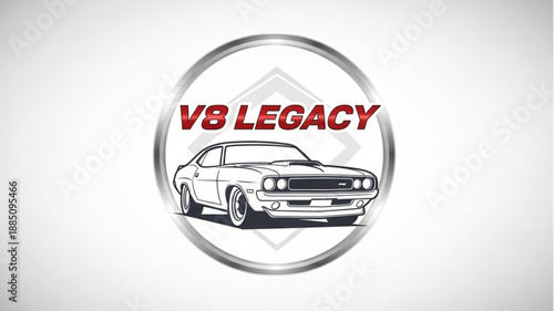 V8 Legacy Emblem with Classic Car Illustration.