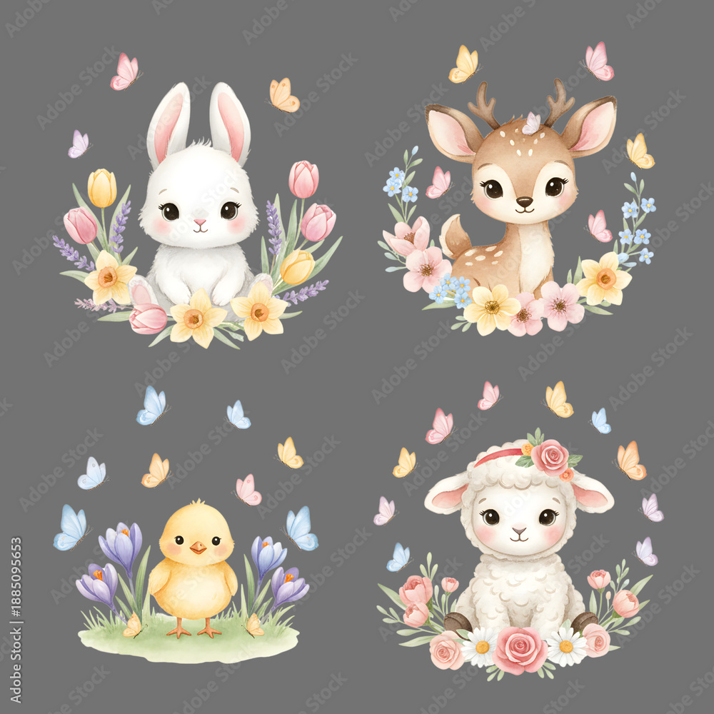 Naklejka premium Cute Baby Animals with Spring Flowers and Butterflies, Watercolor Nursery Illustration Set